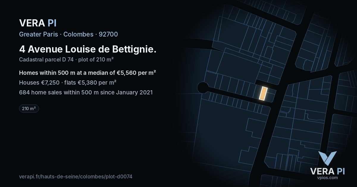 4 Avenue Louise de Bettignie, Colombes at night – the plot lit, the parcels around coloured by the prices near them