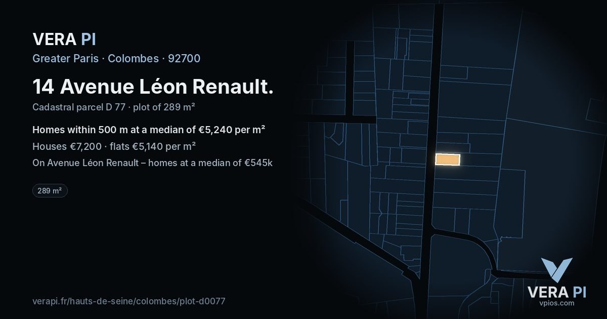 14 Avenue Léon Renault, Colombes at night – the plot lit, the parcels around coloured by the prices near them