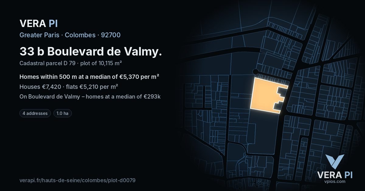 33 b Boulevard de Valmy, Colombes at night – the plot lit, the parcels around coloured by the prices near them