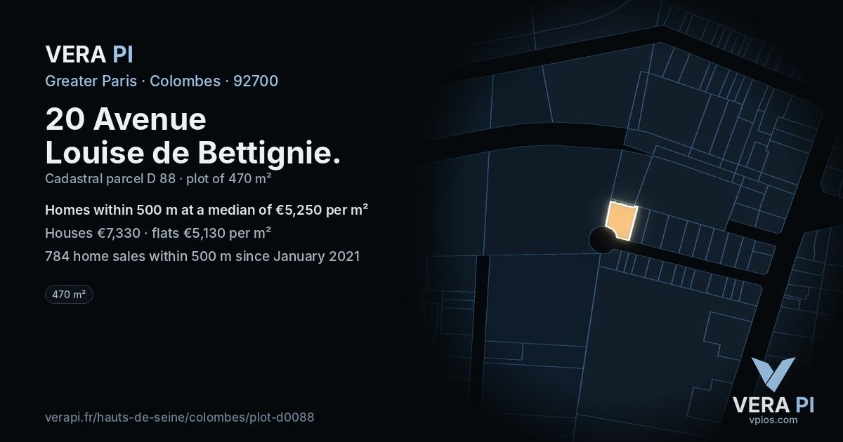 20 Avenue Louise de Bettignie, Colombes at night – the plot lit, the parcels around coloured by the prices near them