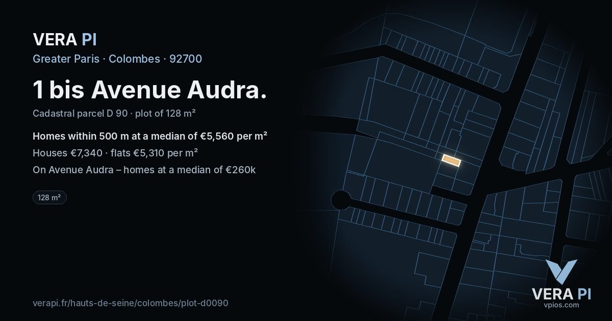 1 bis Avenue Audra, Colombes at night – the plot lit, the parcels around coloured by the prices near them