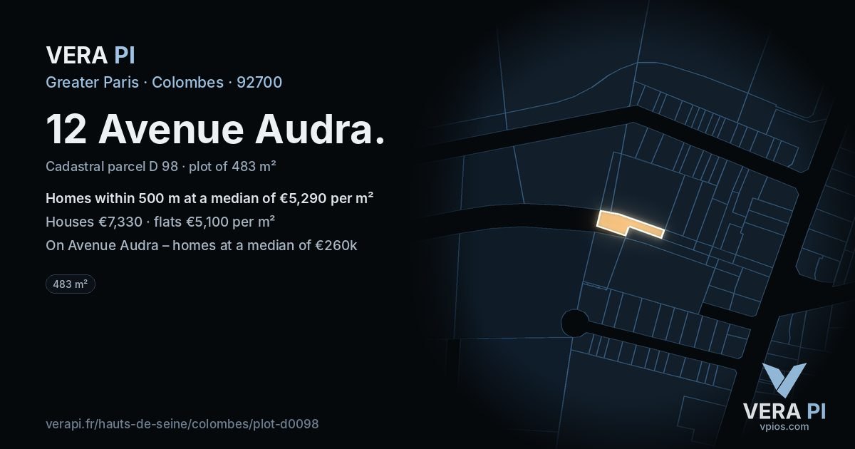 12 Avenue Audra, Colombes at night – the plot lit, the parcels around coloured by the prices near them