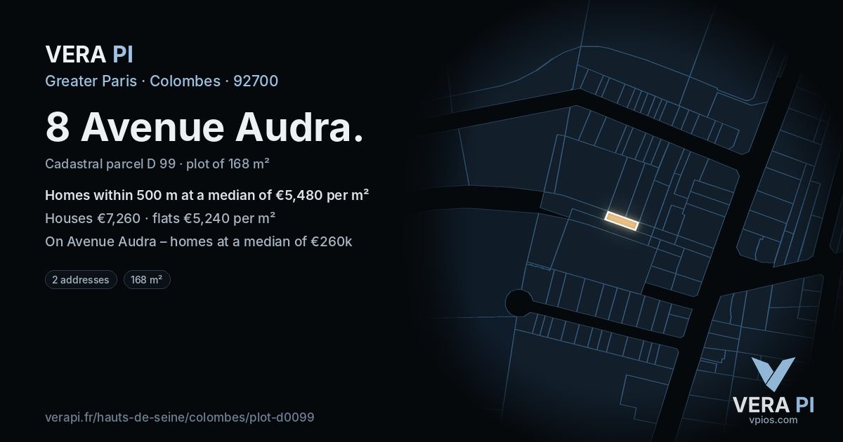 8 Avenue Audra, Colombes at night – the plot lit, the parcels around coloured by the prices near them