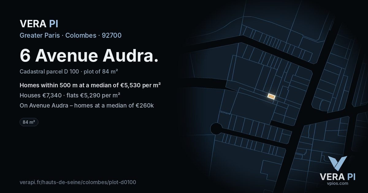 6 Avenue Audra, Colombes at night – the plot lit, the parcels around coloured by the prices near them