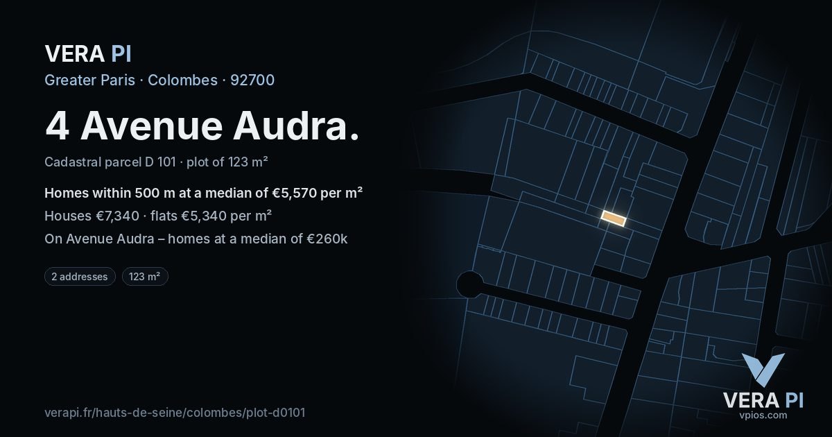 4 Avenue Audra, Colombes at night – the plot lit, the parcels around coloured by the prices near them