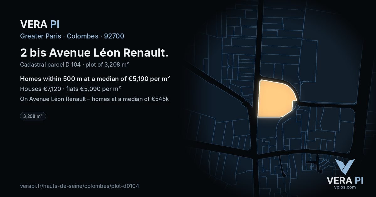 2 bis Avenue Léon Renault, Colombes at night – the plot lit, the parcels around coloured by the prices near them