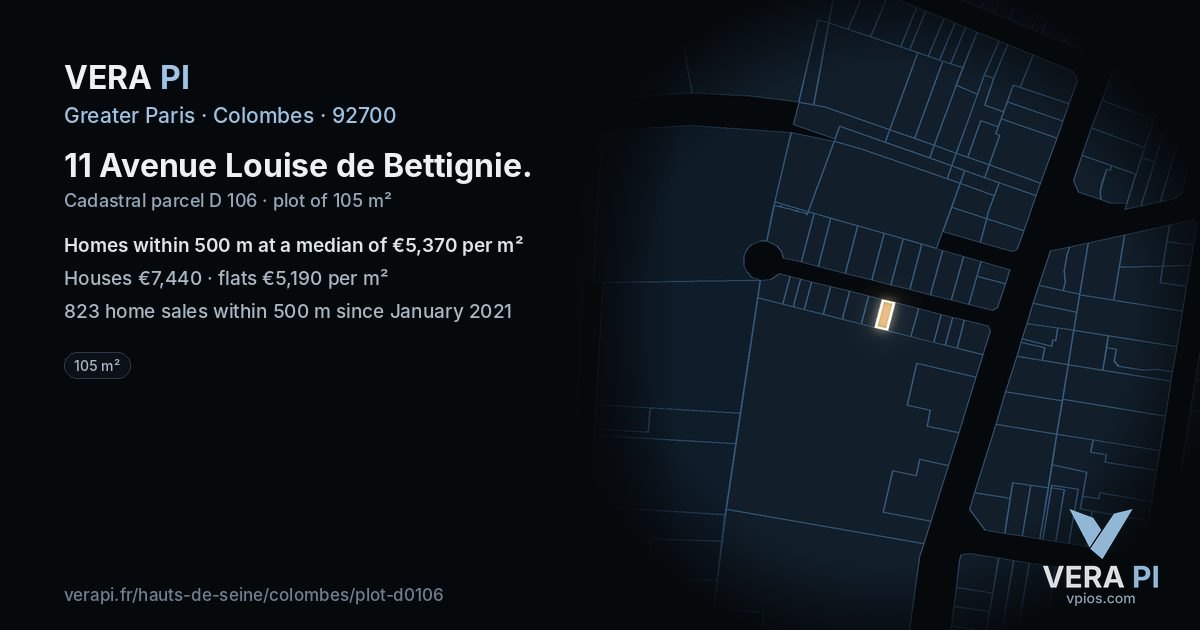 11 Avenue Louise de Bettignie, Colombes at night – the plot lit, the parcels around coloured by the prices near them