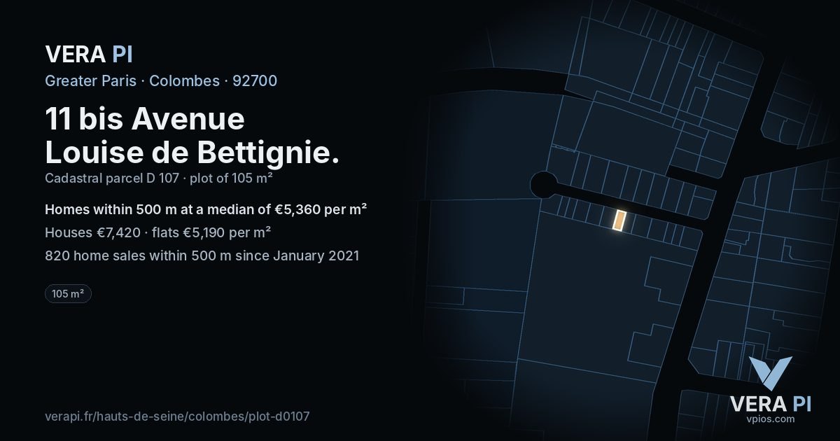 11 bis Avenue Louise de Bettignie, Colombes at night – the plot lit, the parcels around coloured by the prices near them