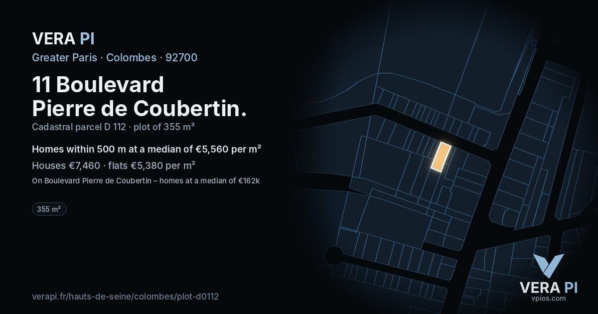 11 Boulevard Pierre de Coubertin, Colombes at night – the plot lit, the parcels around coloured by the prices near them