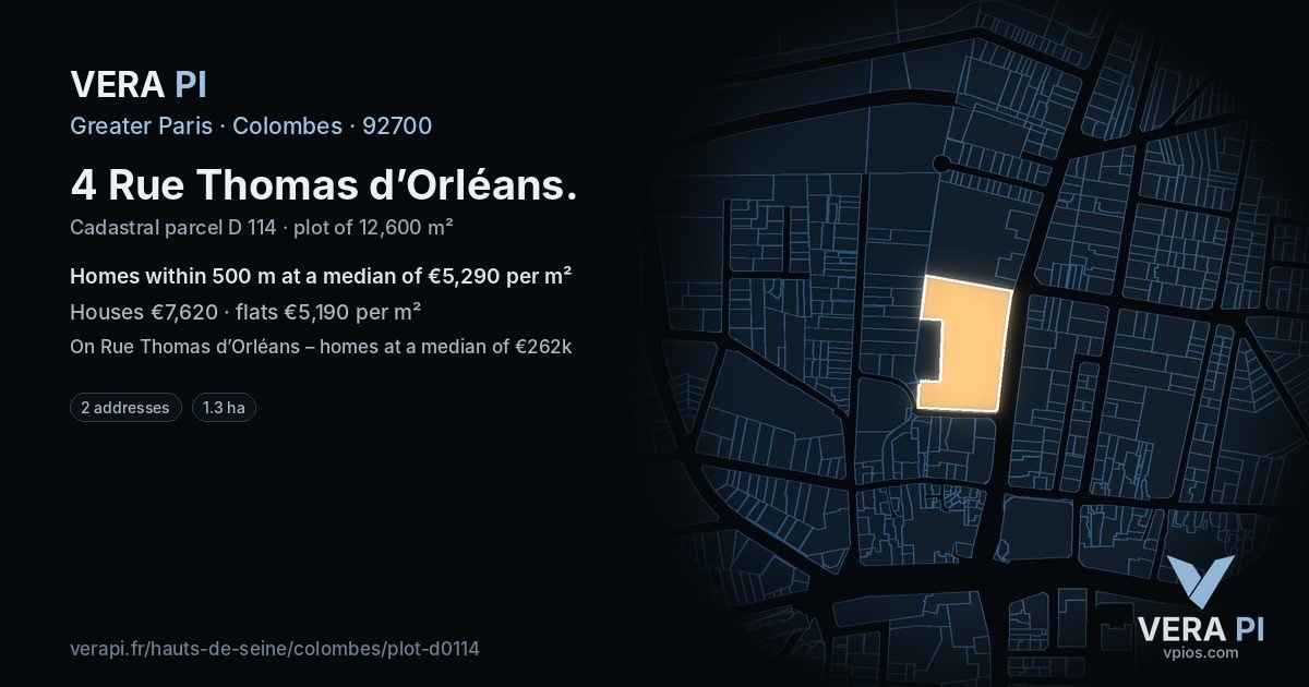 4 Rue Thomas d’Orléans, Colombes at night – the plot lit, the parcels around coloured by the prices near them