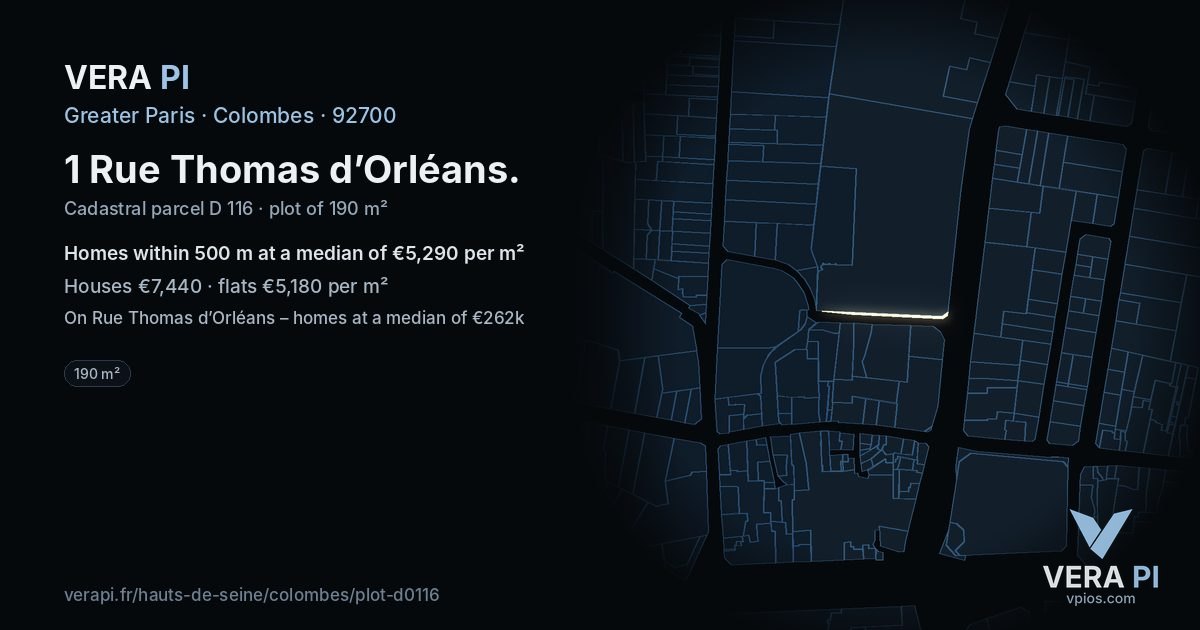 1 Rue Thomas d’Orléans, Colombes at night – the plot lit, the parcels around coloured by the prices near them