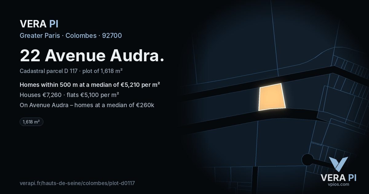22 Avenue Audra, Colombes at night – the plot lit, the parcels around coloured by the prices near them