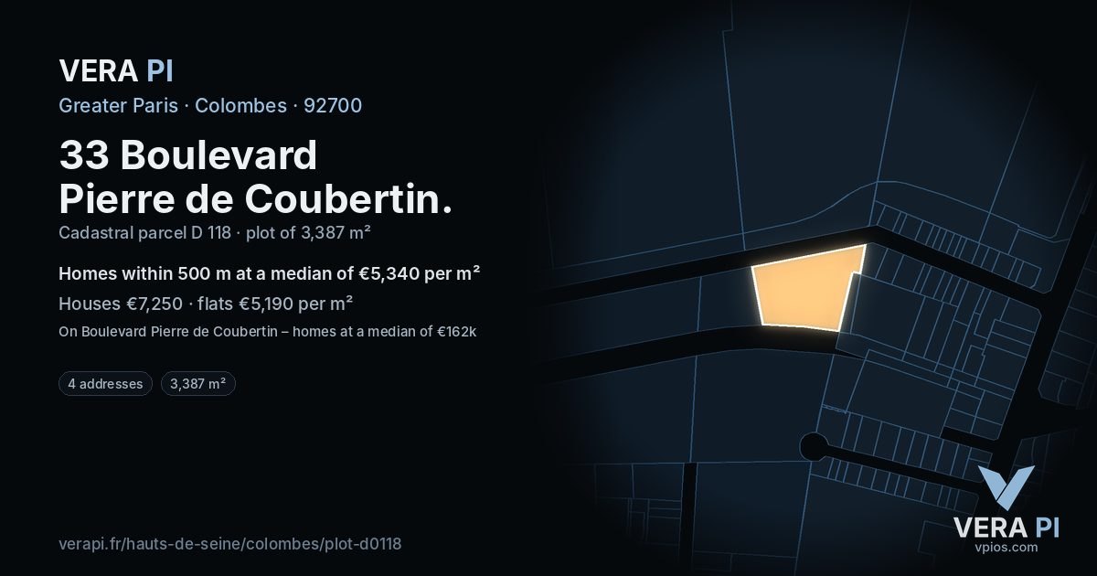 33 Boulevard Pierre de Coubertin, Colombes at night – the plot lit, the parcels around coloured by the prices near them