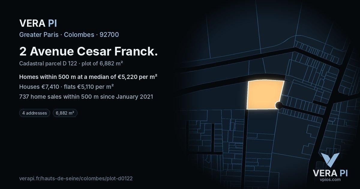 2 Avenue Cesar Franck, Colombes at night – the plot lit, the parcels around coloured by the prices near them