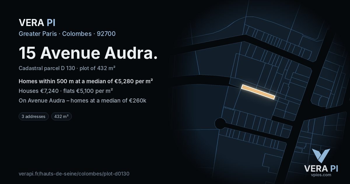 15 Avenue Audra, Colombes at night – the plot lit, the parcels around coloured by the prices near them