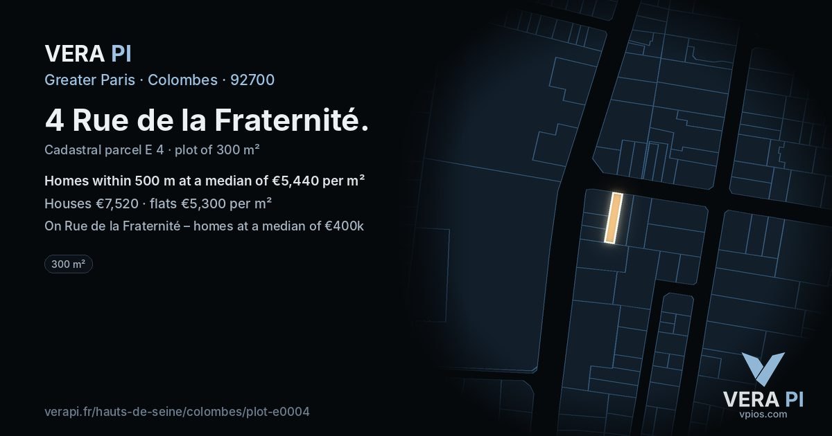 4 Rue de la Fraternité, Colombes at night – the plot lit, the parcels around coloured by the prices near them