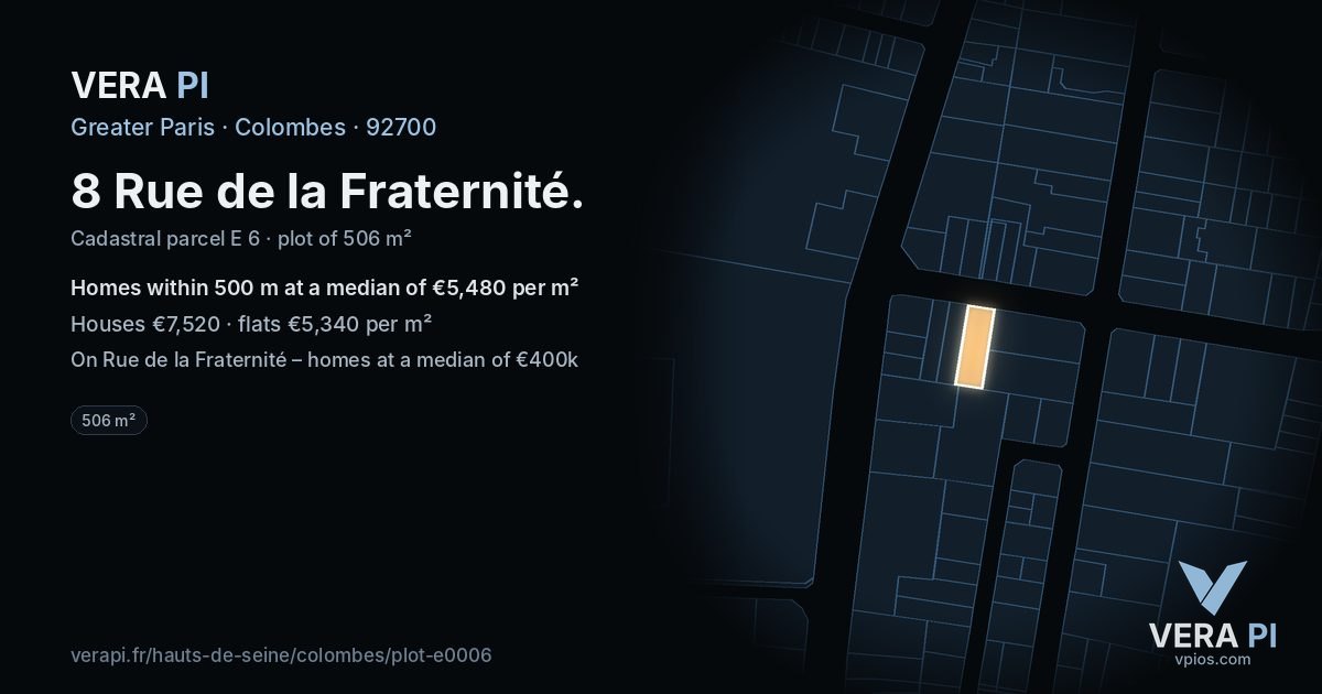 8 Rue de la Fraternité, Colombes at night – the plot lit, the parcels around coloured by the prices near them