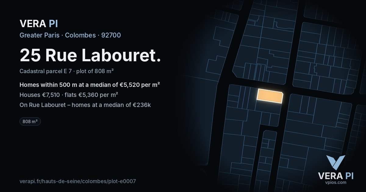 25 Rue Labouret, Colombes at night – the plot lit, the parcels around coloured by the prices near them