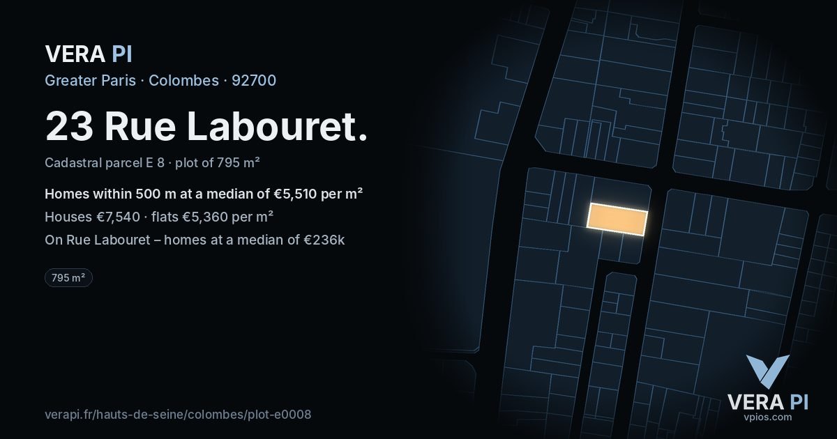 23 Rue Labouret, Colombes at night – the plot lit, the parcels around coloured by the prices near them