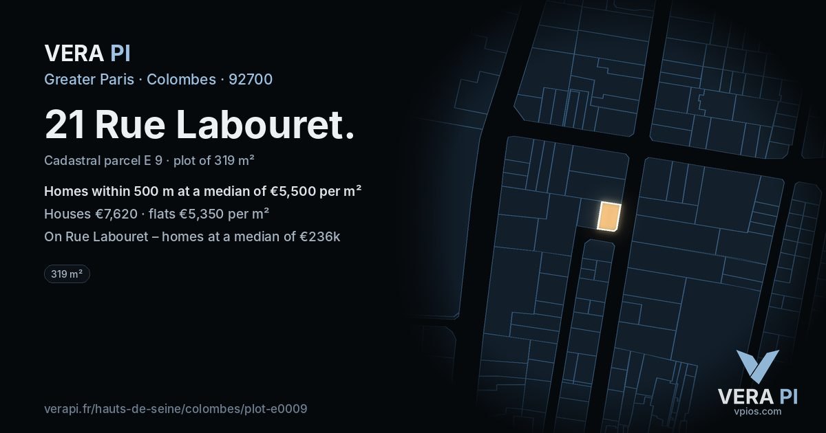 21 Rue Labouret, Colombes at night – the plot lit, the parcels around coloured by the prices near them