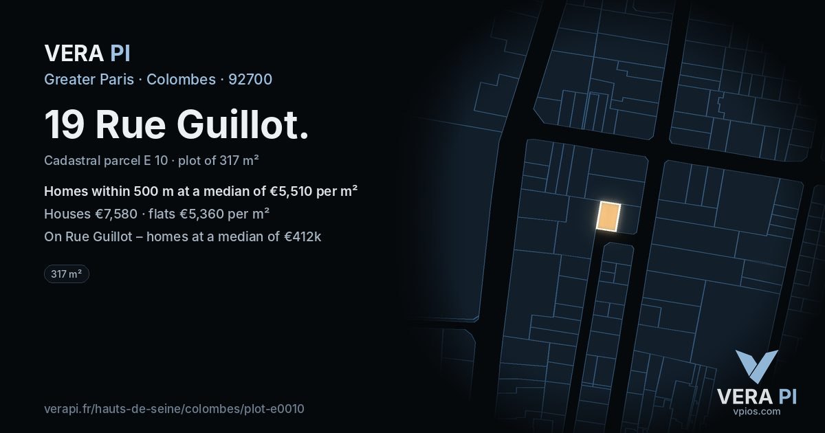 19 Rue Guillot, Colombes at night – the plot lit, the parcels around coloured by the prices near them