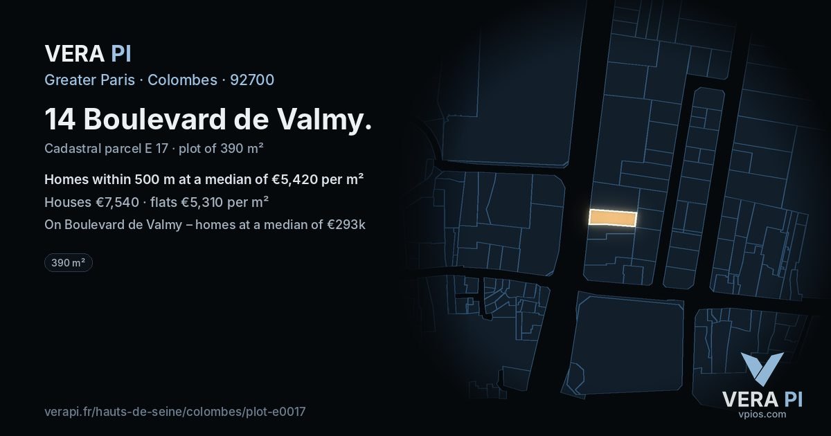 14 Boulevard de Valmy, Colombes at night – the plot lit, the parcels around coloured by the prices near them