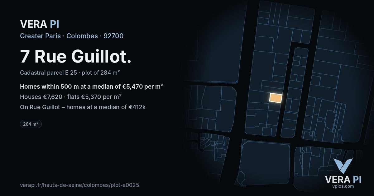 7 Rue Guillot, Colombes at night – the plot lit, the parcels around coloured by the prices near them