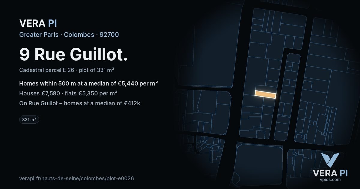 9 Rue Guillot, Colombes at night – the plot lit, the parcels around coloured by the prices near them