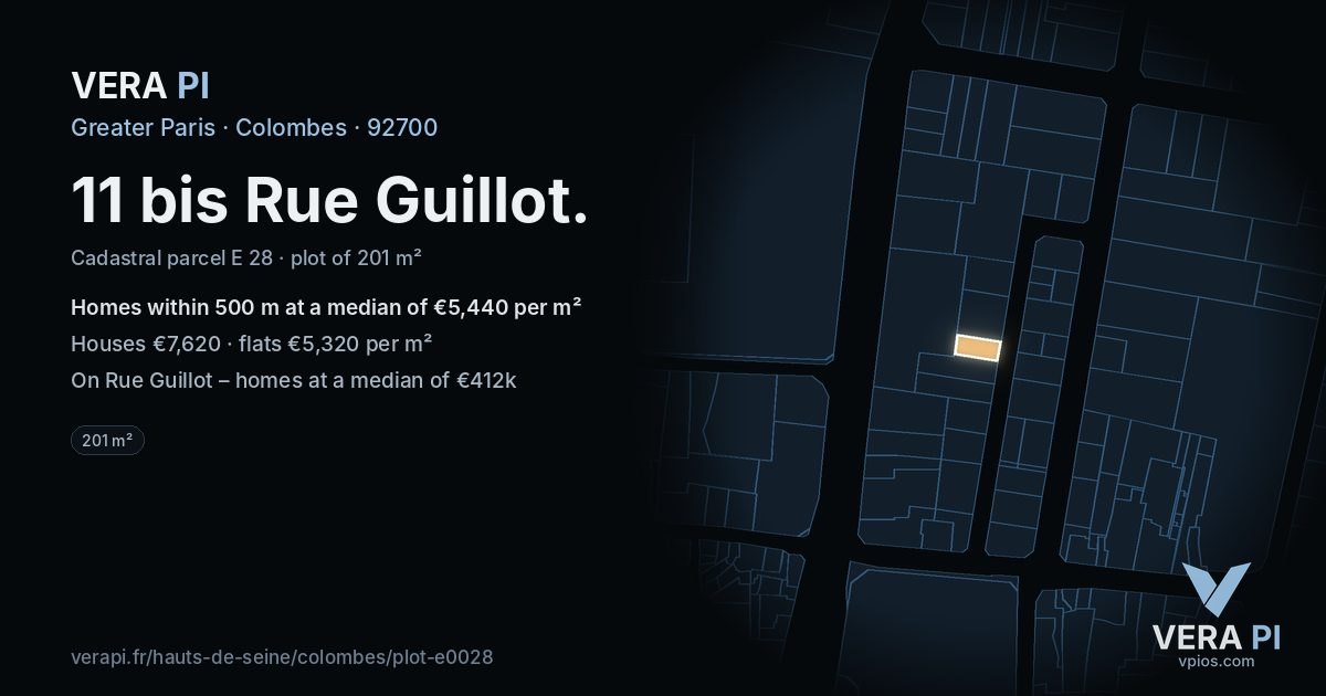 11 bis Rue Guillot, Colombes at night – the plot lit, the parcels around coloured by the prices near them