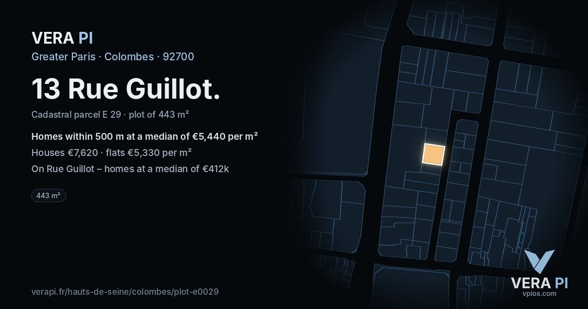 13 Rue Guillot, Colombes at night – the plot lit, the parcels around coloured by the prices near them