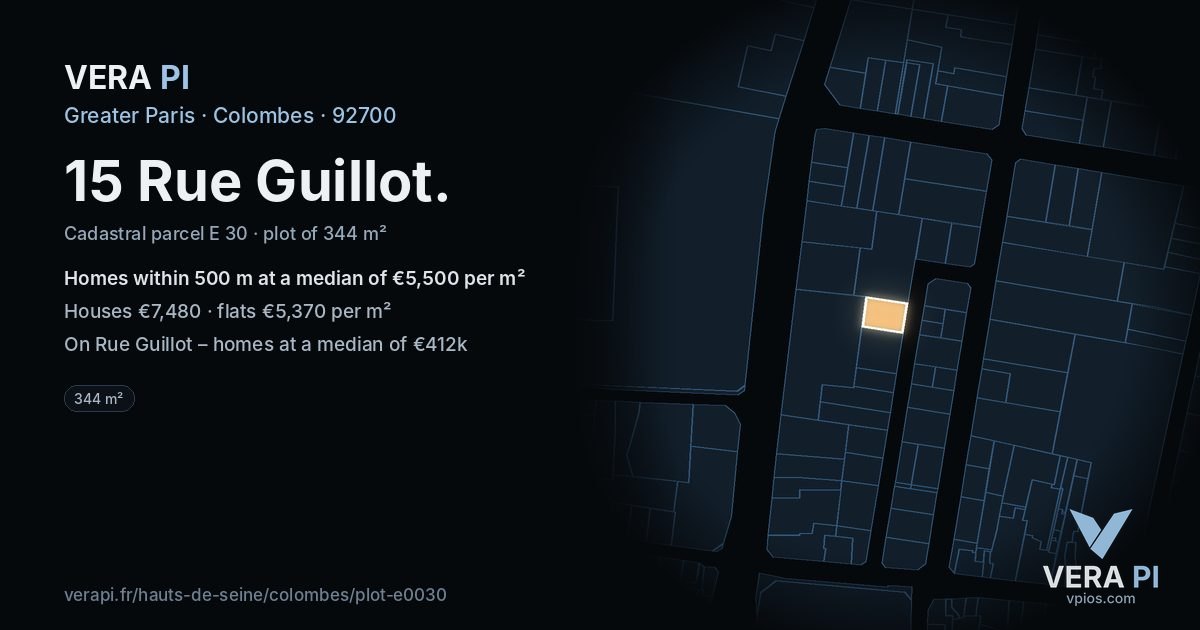 15 Rue Guillot, Colombes at night – the plot lit, the parcels around coloured by the prices near them