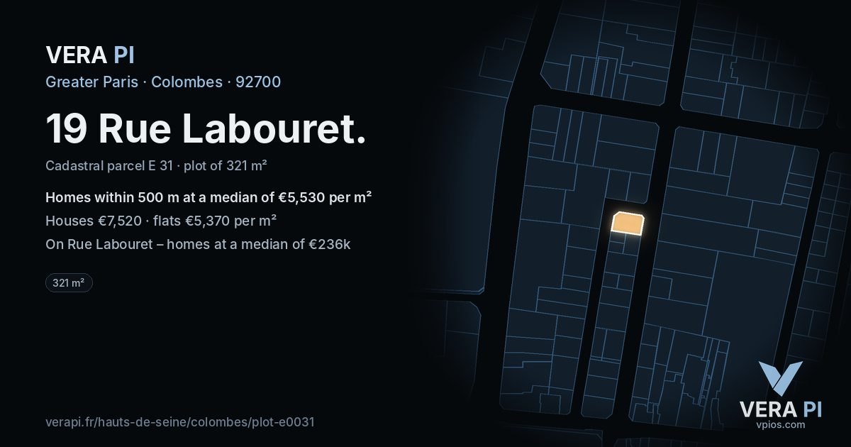 19 Rue Labouret, Colombes at night – the plot lit, the parcels around coloured by the prices near them