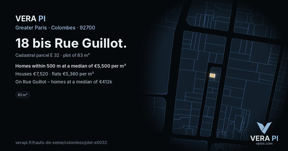 18 bis Rue Guillot, Colombes at night – the plot lit, the parcels around coloured by the prices near them