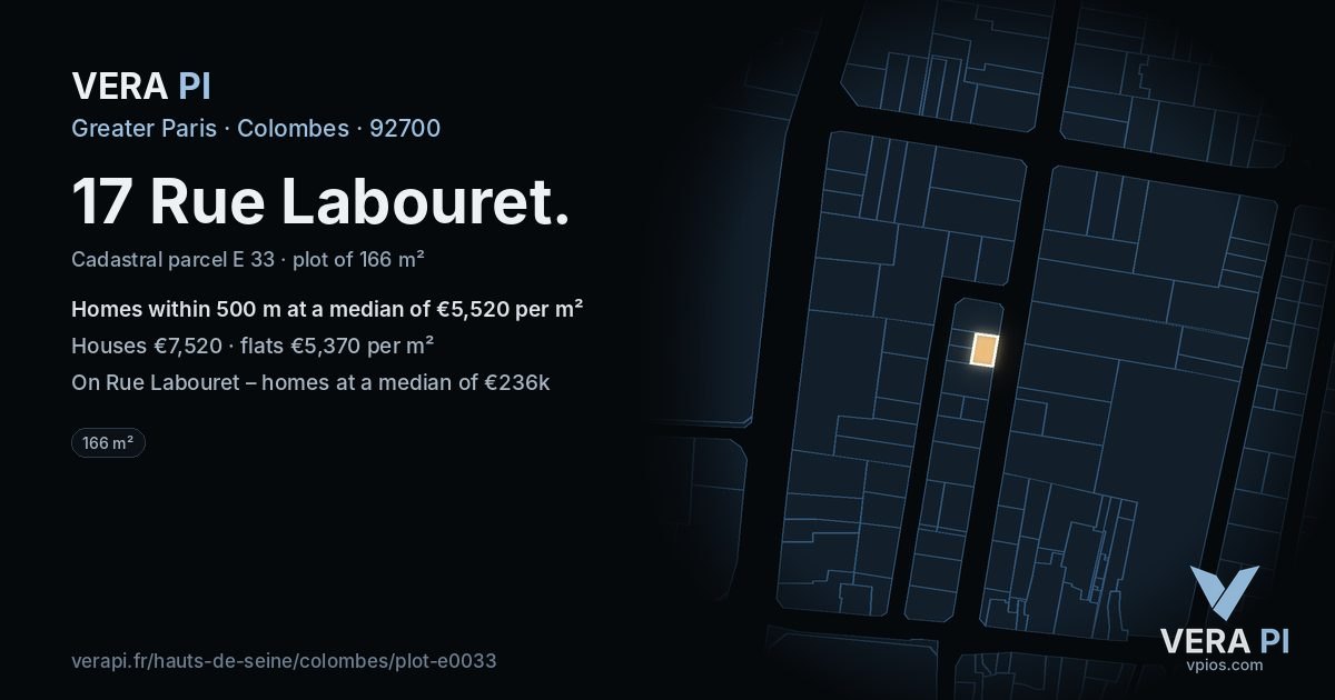 17 Rue Labouret, Colombes at night – the plot lit, the parcels around coloured by the prices near them