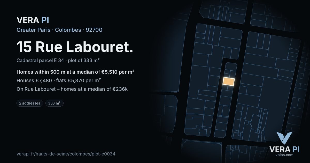 15 Rue Labouret, Colombes at night – the plot lit, the parcels around coloured by the prices near them