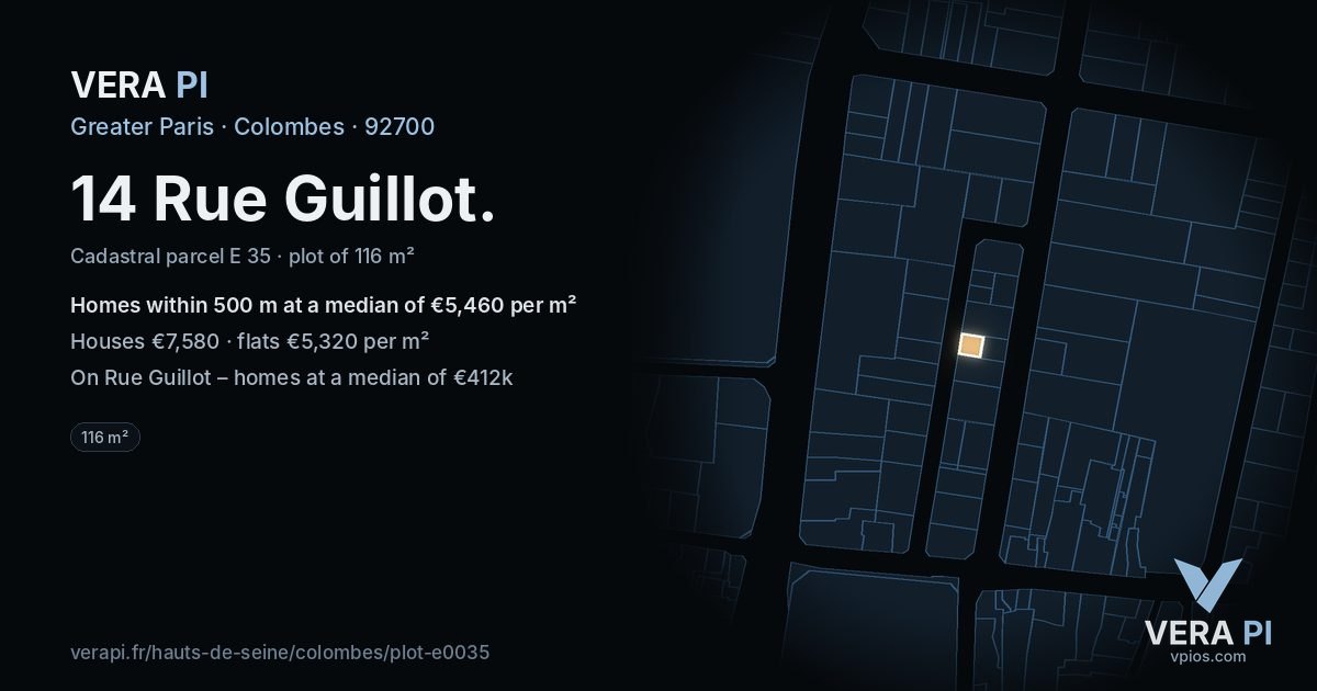 14 Rue Guillot, Colombes at night – the plot lit, the parcels around coloured by the prices near them