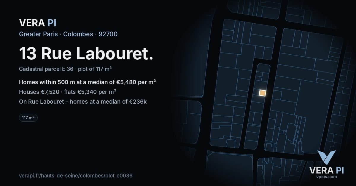 13 Rue Labouret, Colombes at night – the plot lit, the parcels around coloured by the prices near them