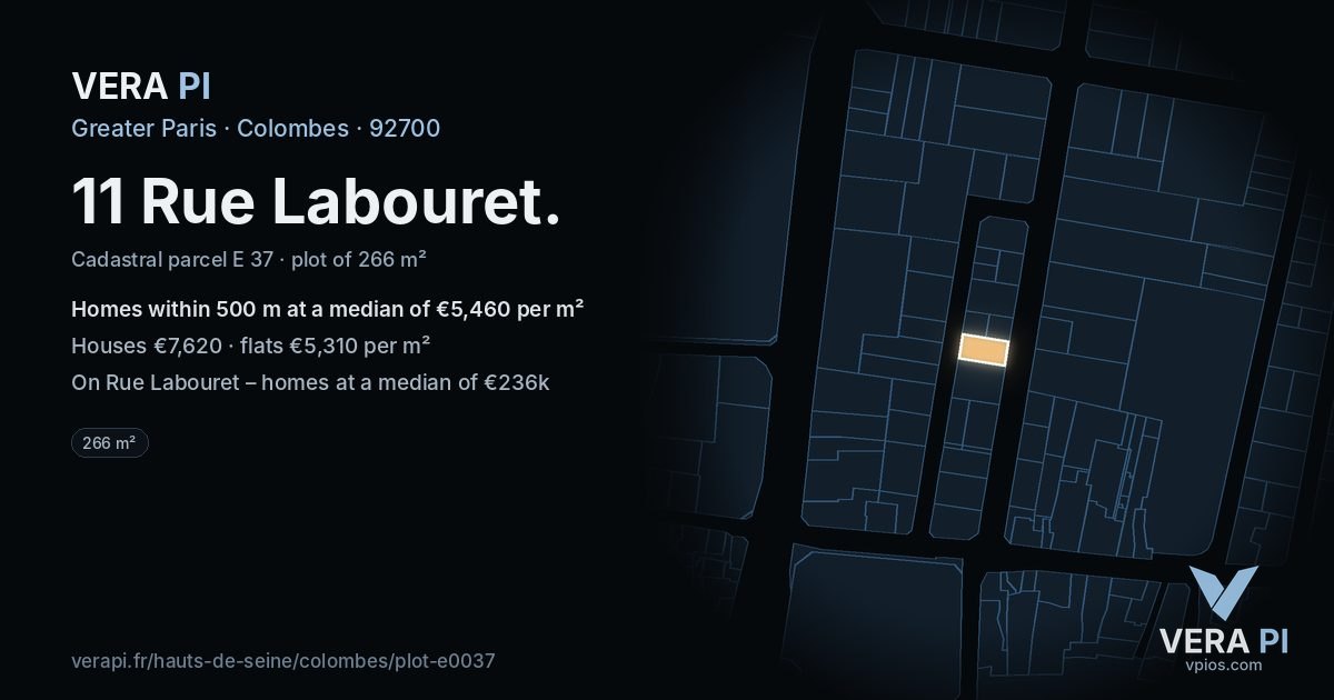 11 Rue Labouret, Colombes at night – the plot lit, the parcels around coloured by the prices near them
