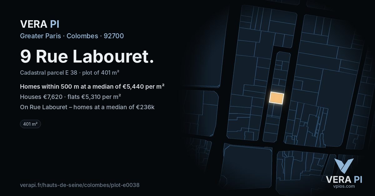 9 Rue Labouret, Colombes at night – the plot lit, the parcels around coloured by the prices near them
