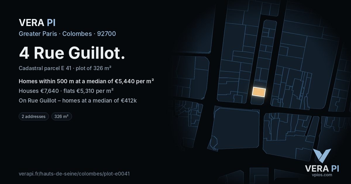 4 Rue Guillot, Colombes at night – the plot lit, the parcels around coloured by the prices near them