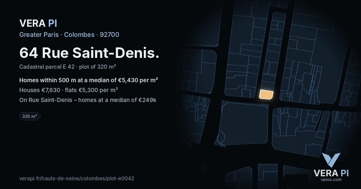 64 Rue Saint-Denis, Colombes at night – the plot lit, the parcels around coloured by the prices near them