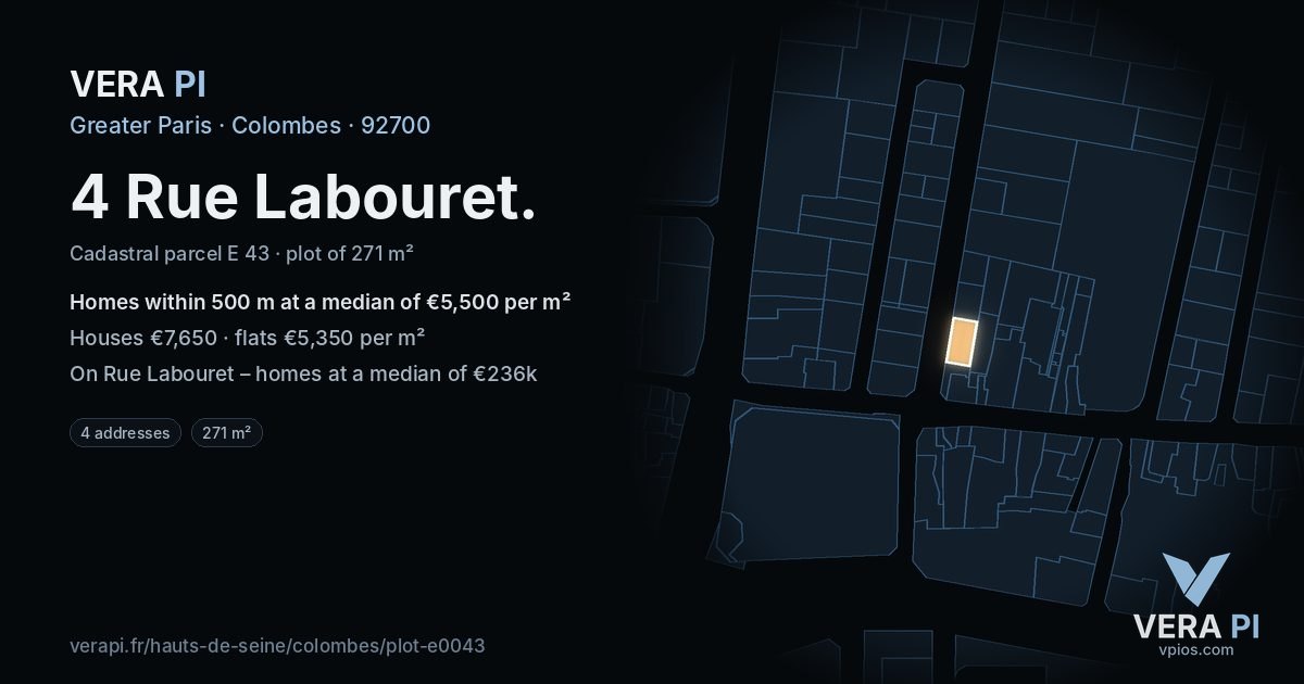 4 Rue Labouret, Colombes at night – the plot lit, the parcels around coloured by the prices near them