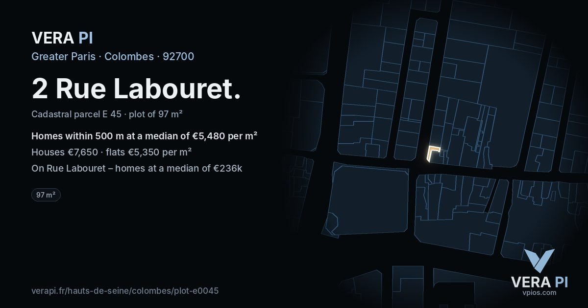 2 Rue Labouret, Colombes at night – the plot lit, the parcels around coloured by the prices near them