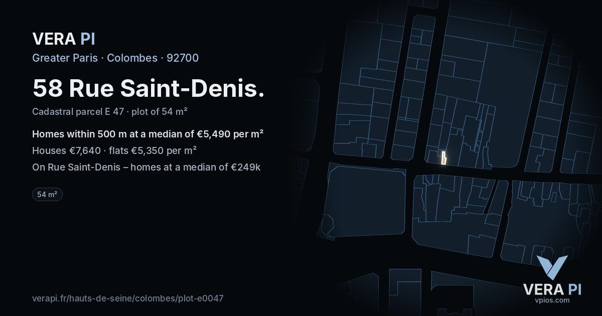 58 Rue Saint-Denis, Colombes at night – the plot lit, the parcels around coloured by the prices near them