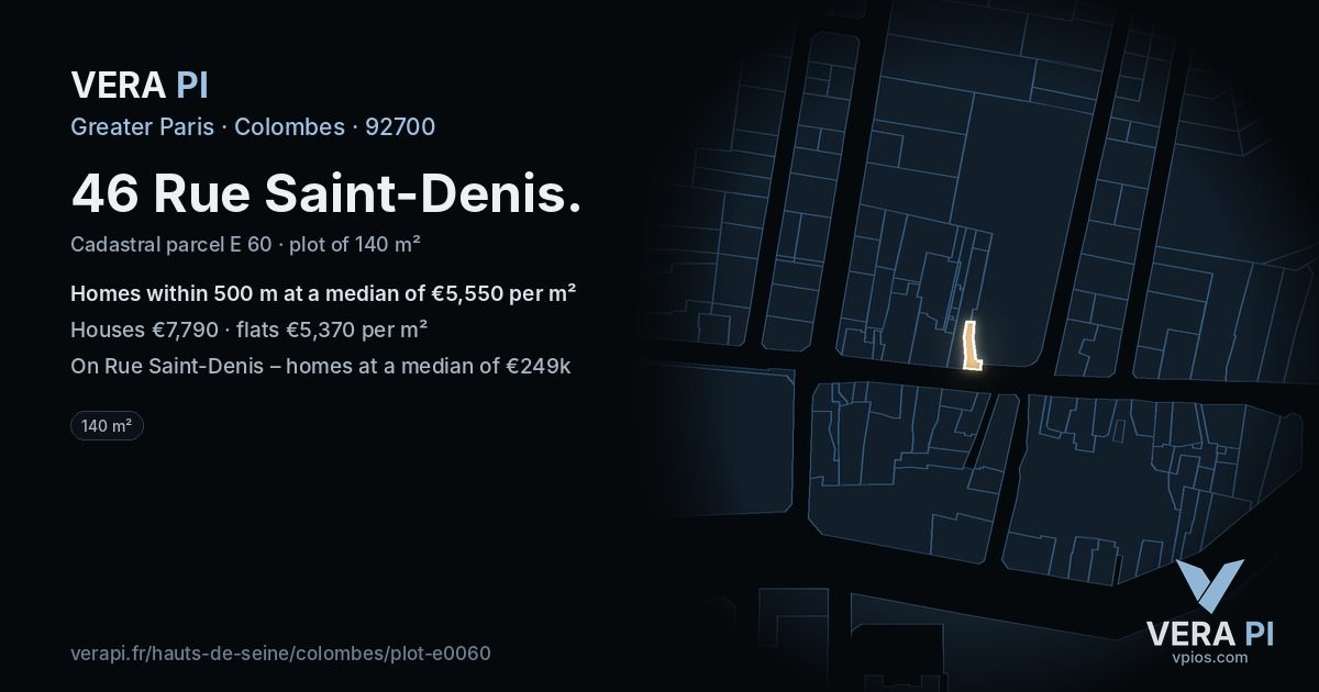 46 Rue Saint-Denis, Colombes at night – the plot lit, the parcels around coloured by the prices near them