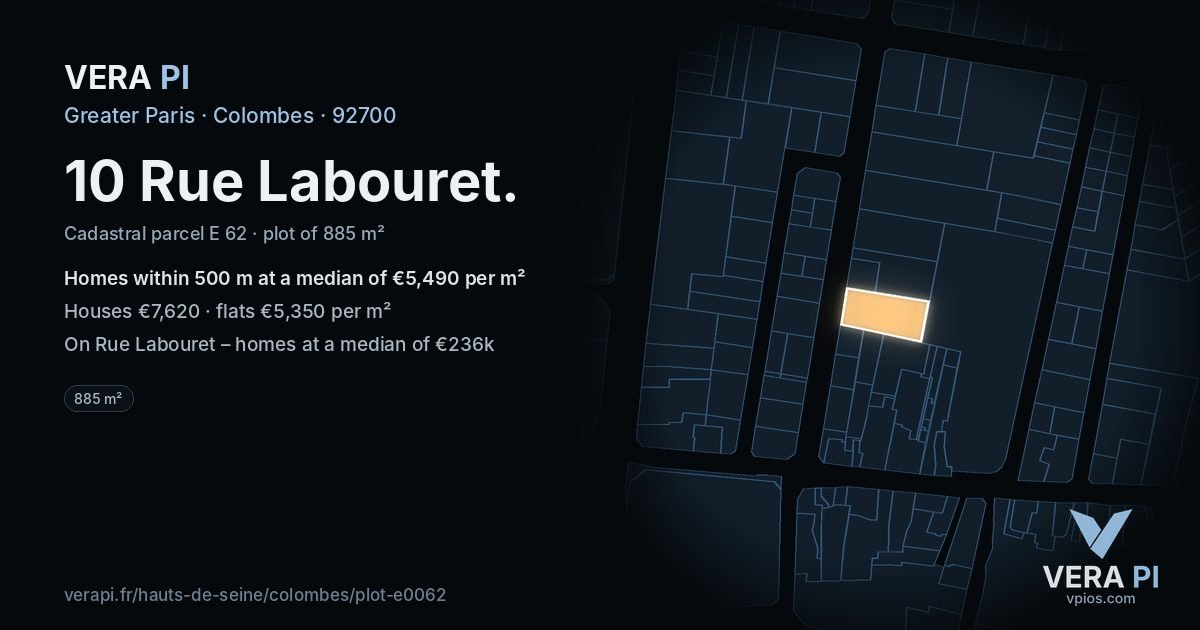 10 Rue Labouret, Colombes at night – the plot lit, the parcels around coloured by the prices near them