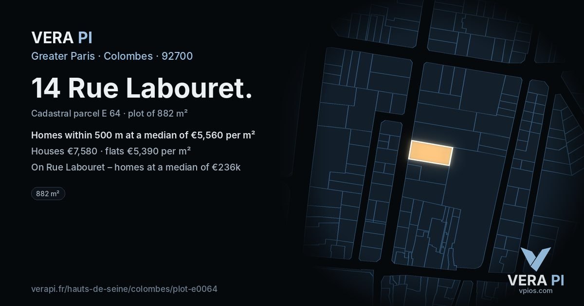14 Rue Labouret, Colombes at night – the plot lit, the parcels around coloured by the prices near them