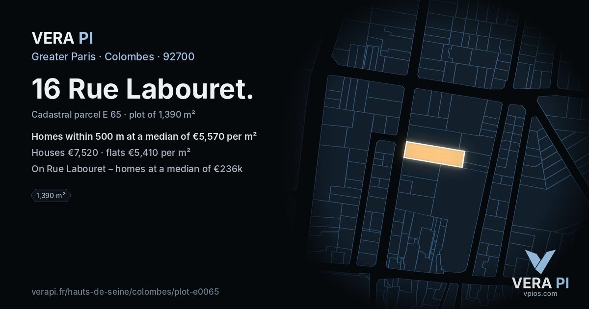 16 Rue Labouret, Colombes at night – the plot lit, the parcels around coloured by the prices near them