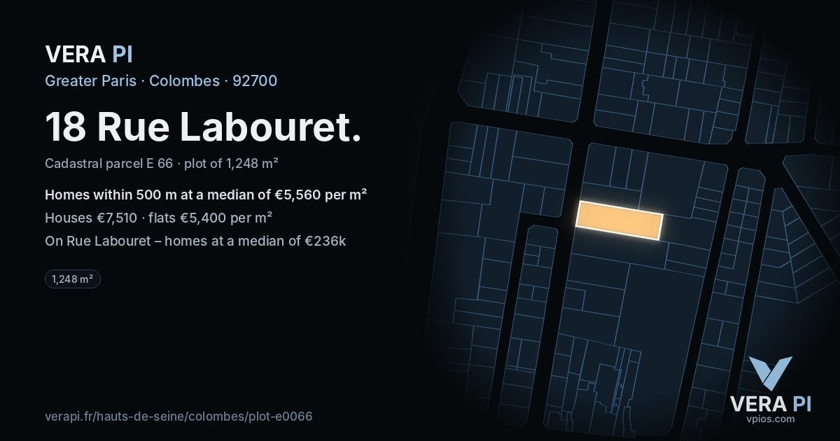 18 Rue Labouret, Colombes at night – the plot lit, the parcels around coloured by the prices near them