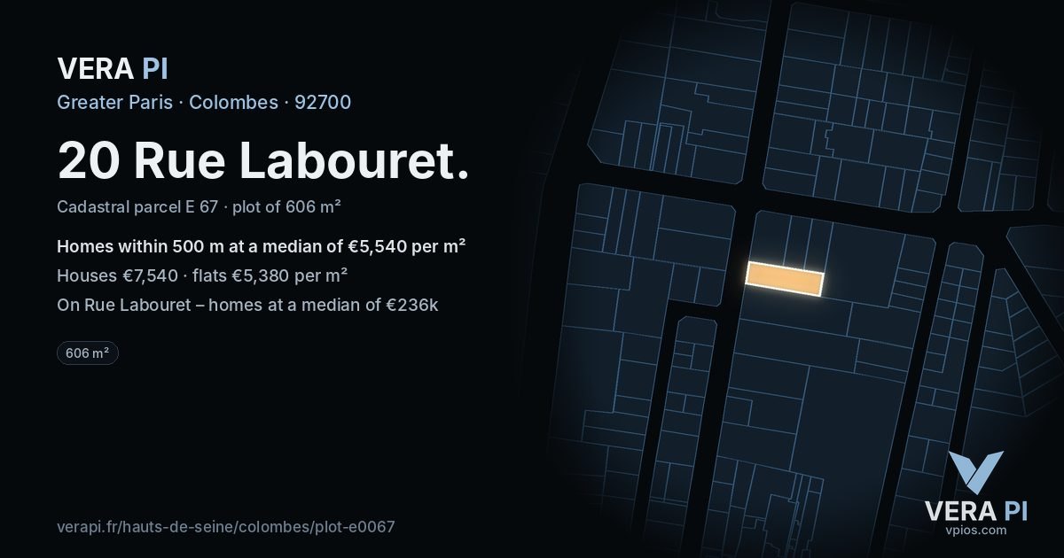 20 Rue Labouret, Colombes at night – the plot lit, the parcels around coloured by the prices near them